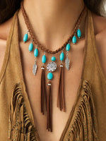 Bohemian Vintage Ethnic Style Turquoise Pendant Woven Tassel Velvet Choker Necklace