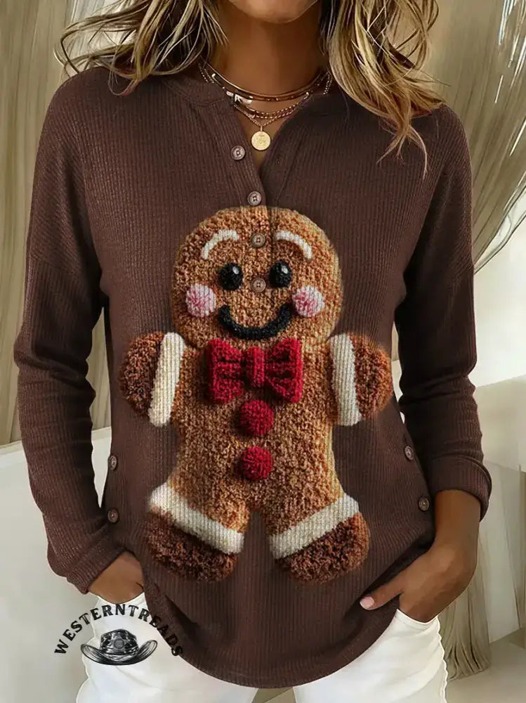 Vintage Cute Christmas Gingerbread Man Prints Casual Cotton Sweatshirt
