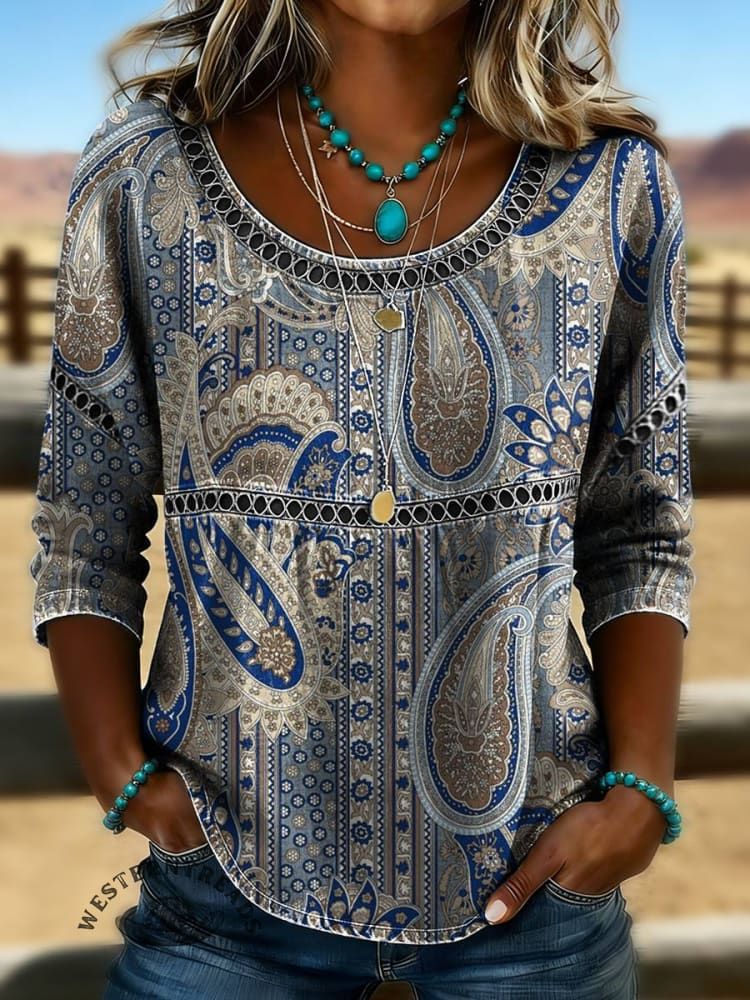 Women's Vintage Paisley Print Casual Hollow Denim Shirt