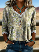 Women's Vintage Floral Print Casual Hollow-Out Denim Shirt
