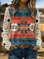 Vintage Western Art Soft Casual Crocheted Flowers Sweatshirt