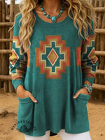 Women's Vintage Aztec Art Print Casual Crew Neck Pocket Knit Top