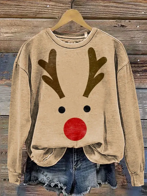 Christmas Deer Print Casual Cotton Sweatshirt