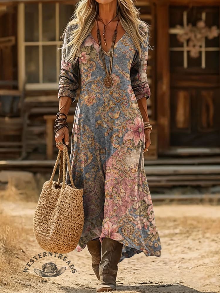 V-neck Retro Print Casual Loose Western Dress