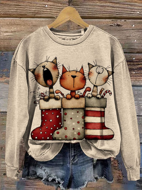 Women's Christmas Cat Art Print Casual Sweatshirt