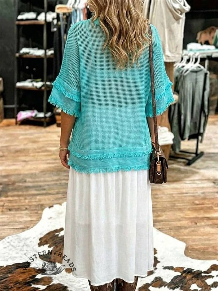 Turquoise Mesh Knit V-neck Top