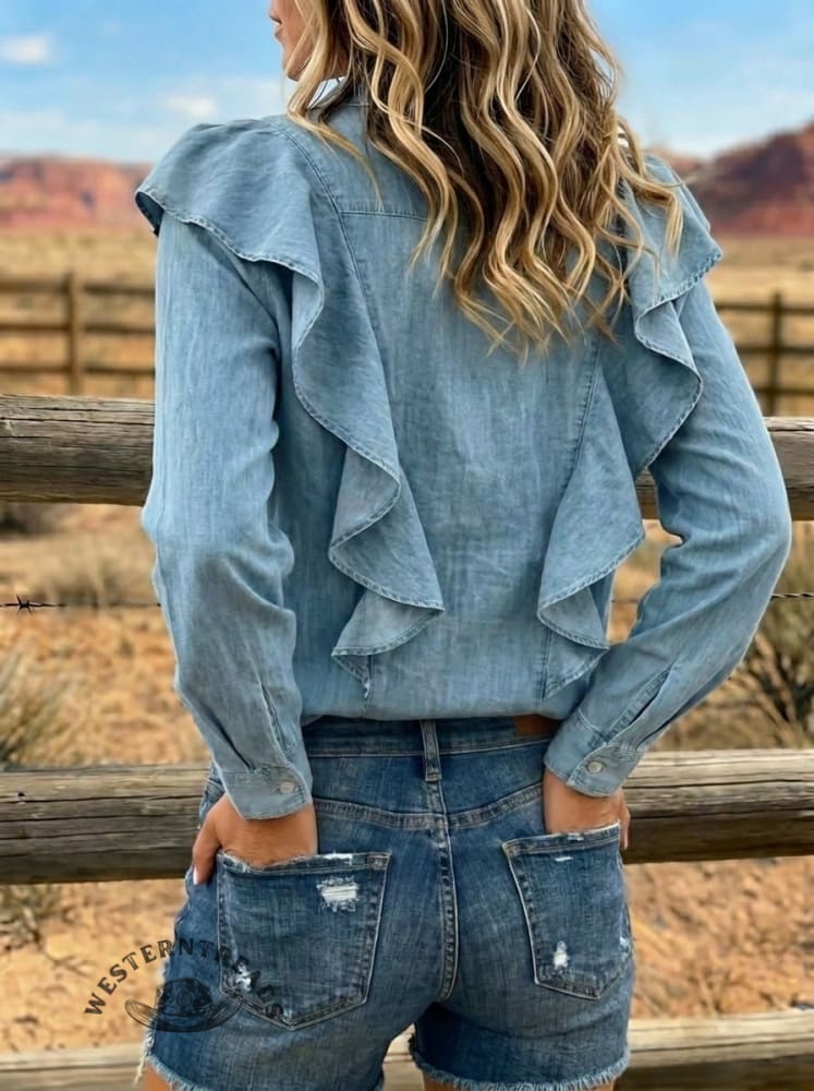 Women's Casual V-neck Ruffled Denim Shirt