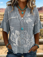 Vintage Art Patchwork Cotton And Linen Hollowed Out Lace Ruffles Shirt