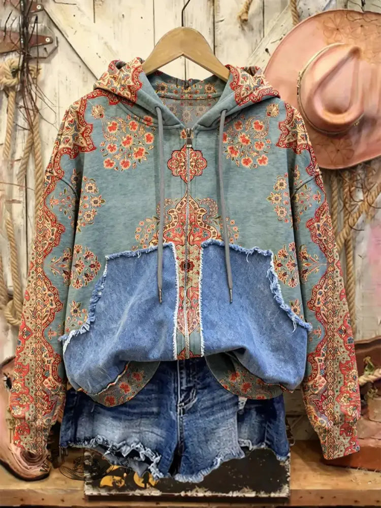 Retro Print Casual Cotton Patchwork Hooded Zip-up Sweatshirt