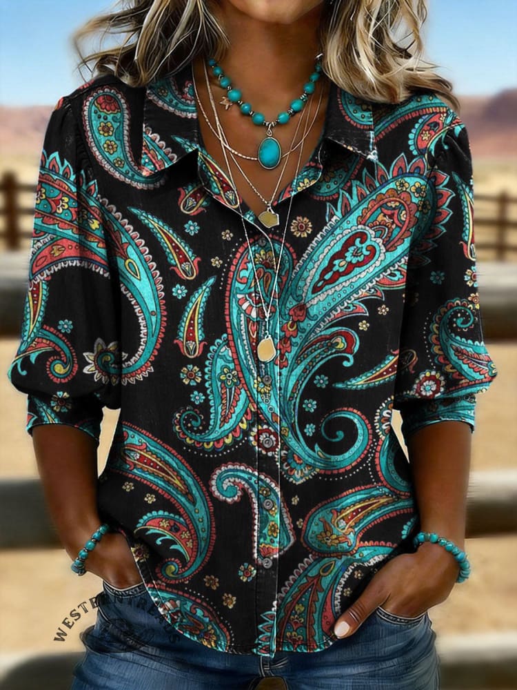 Paisley Print Casual Puff Sleeve Denim Shirt