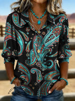 Paisley Print Casual Puff Sleeve Denim Shirt