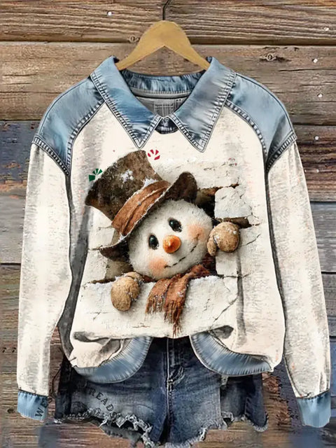 Cute Snowman Print Casual Denim Patchwork Sweatshirt