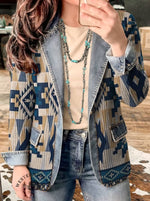 Aztec Print Patchwork Denim Sweater