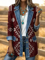 Retro Aztec Art Print Patchwork Denim Sweater Cardigan Coat