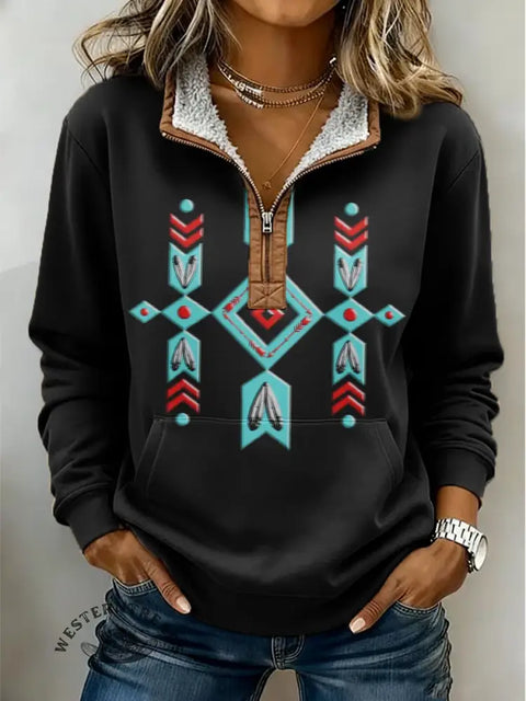 South Western Art Casual Half-Zip Cotton Sweatshirt