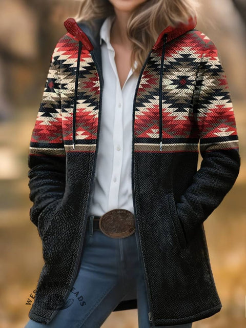 Aztec Print Unisex Plush Thick Long-sleeved Cardigan Coat