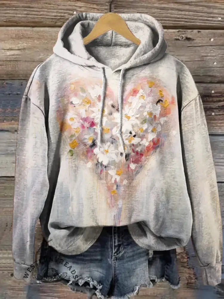 Vintage Heart Art Print Casual Cotton Hooded Sweatshirt