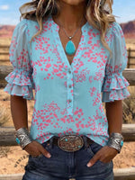 Vintage Art Print Comfortable Summer Fabrics Puff Sleeve Casual Shirt
