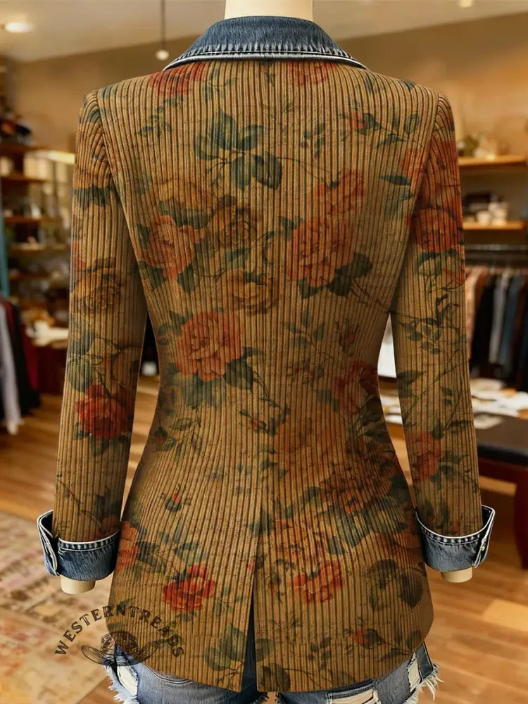 Retro Rose Flower Art Print Patchwork Denim Sweater Cardigan Coat