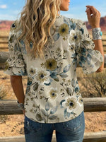 Women's Retro Floral Art Puff Sleeve Casual Shirt