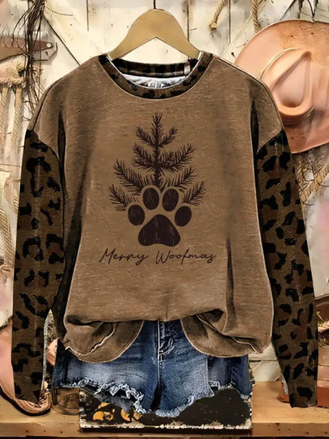 Merry Woofmas Print Casual Cotton Sweatshirt