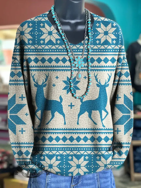 Winter Art Print Casual V-Neck Sweater