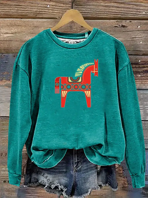 Ethnic Horse Art Print Casual Cotton Sweatshirt