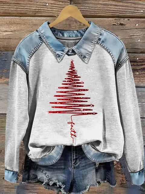 Christmas Faith Art Print Casual Denim Patchwork Sweatshirt
