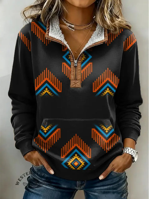 Retro Aztec Print Casual Half-zip Cotton Sweatshirt