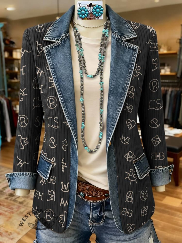 Cattle Brand Print Patchwork Denim Sweater