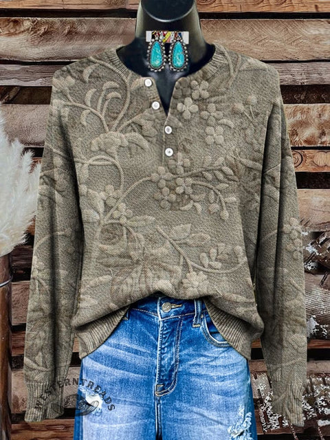 Floral Art Print Buttoned Cardigan Sweater