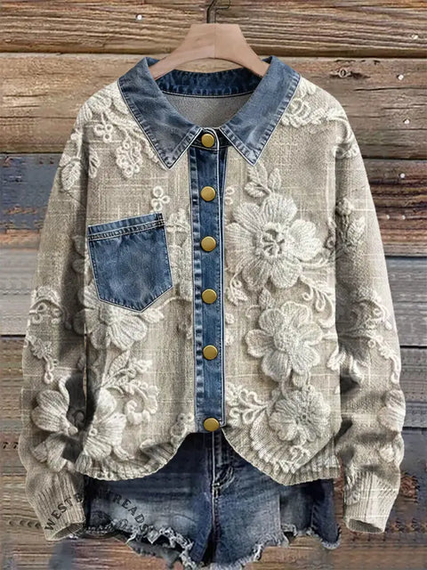 3d Flower Vision Print Patchwork Denim Knit Pullover Sweater