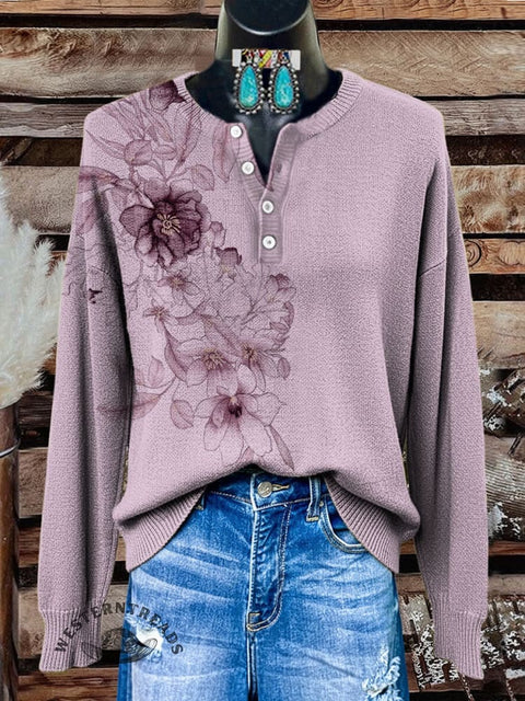 Floral Pattern Art Print Buttoned Cardigan Sweater