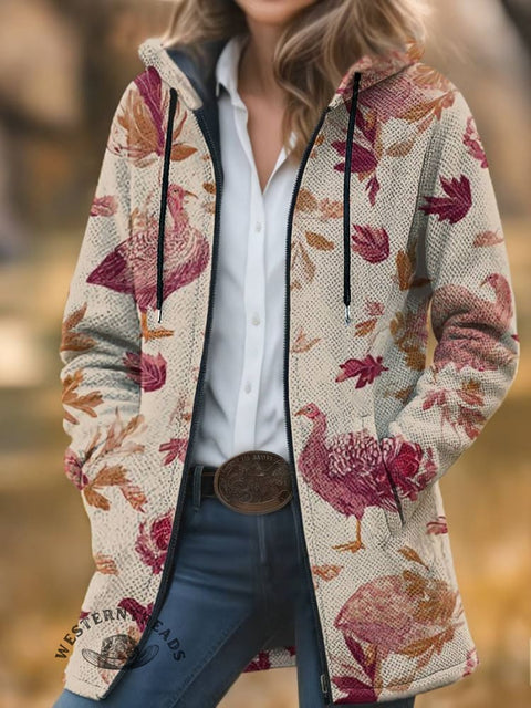 Turkey Print Unisex Plush Thick Long-sleeved Cardigan Coat