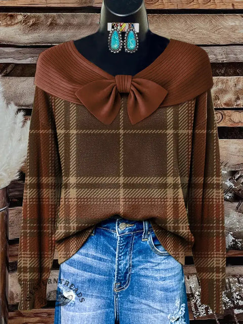Women's Brown Plaid Print Casual Cotton Sweater