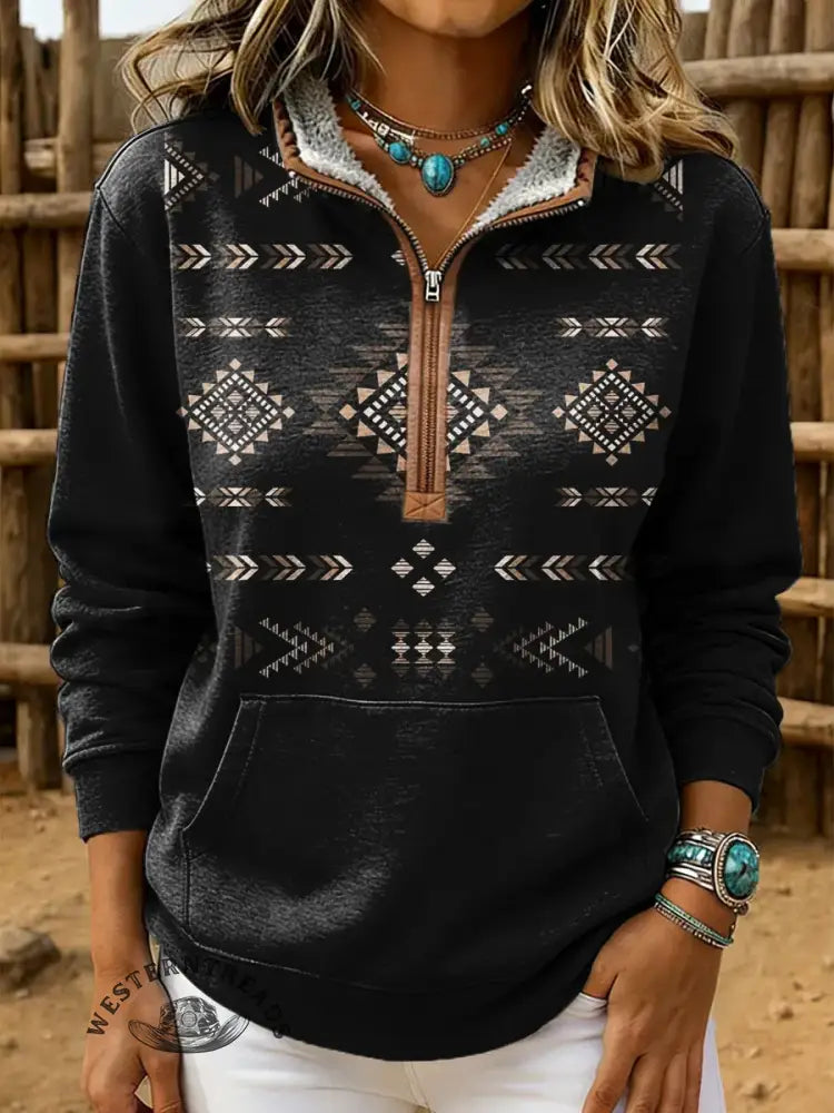 Vintage Aztec Print Casual Half Zip Cotton Sweatshirt
