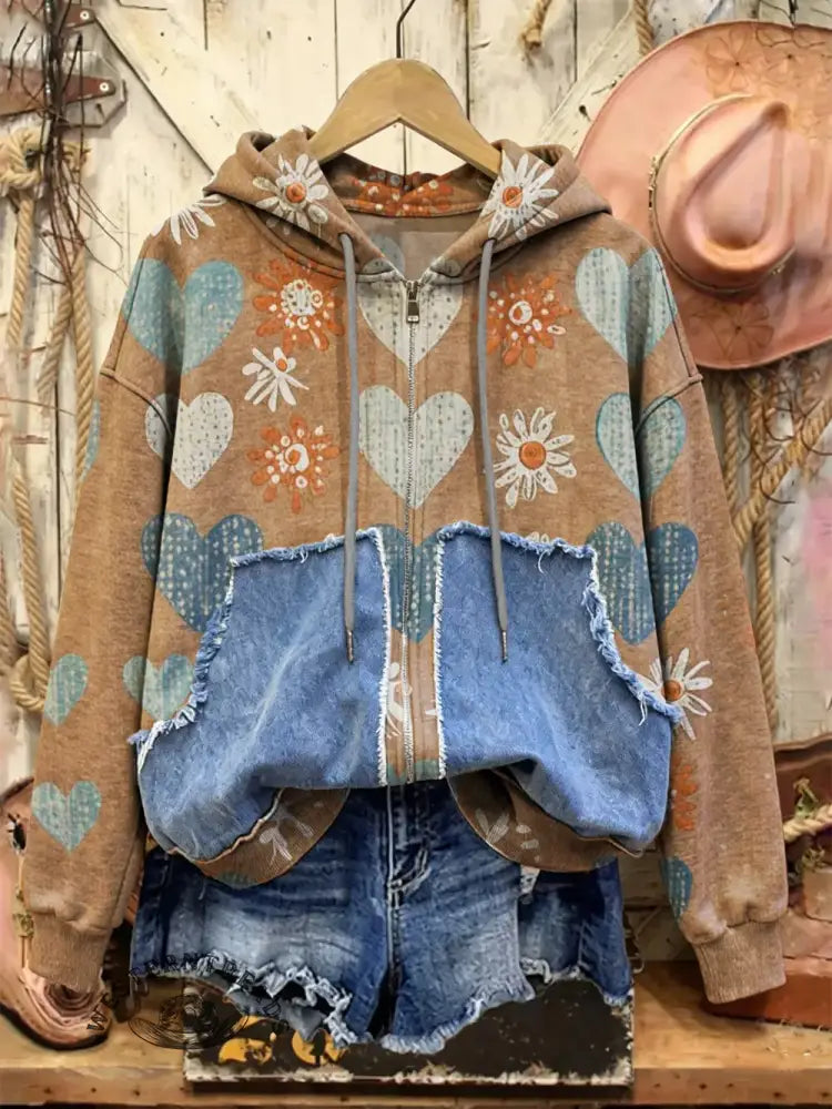 Retro Print Casual Cotton Patchwork Hooded Zip-up Sweatshirt