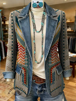 Retro Ethnic Totem Art Print Patchwork Denim Sweater Cardigan Coat