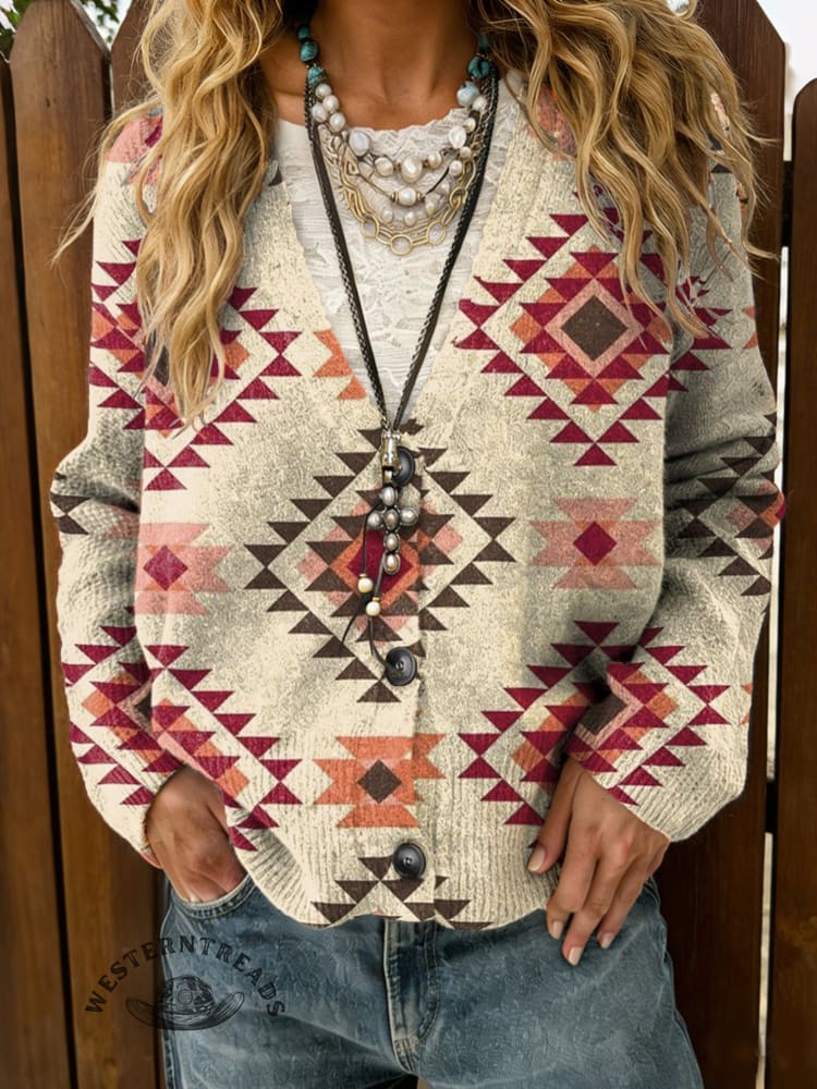 Aztec Print Buttoned Cardigan Sweater