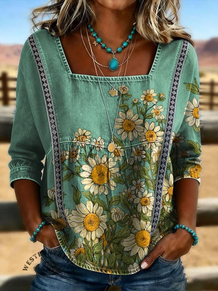 Women's Vintage Print Casual Hollow Denim Shirt