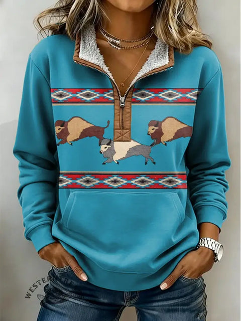 Western Print Casual Half-Zip Cotton Sweatshirt