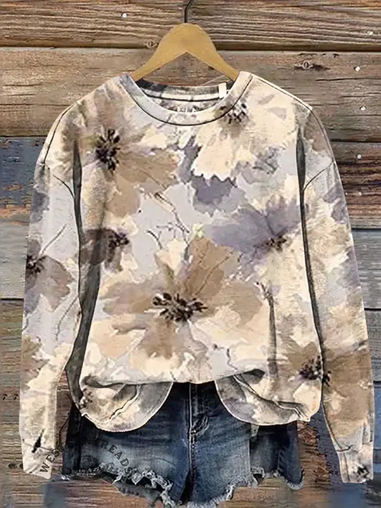 Vintage Flower Art Print Casual Cotton Sweatshirt