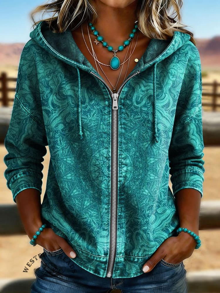 Art Print Casual Long Sleeve Denim Zipper Hoodie Coat