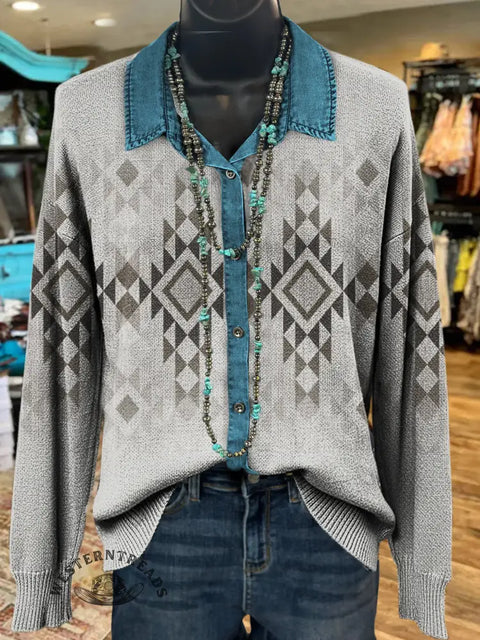 Aztec Print Casual Denim Patchwork Knit Top