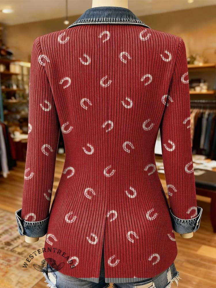 Horseshoe Print Patchwork Denim Sweater