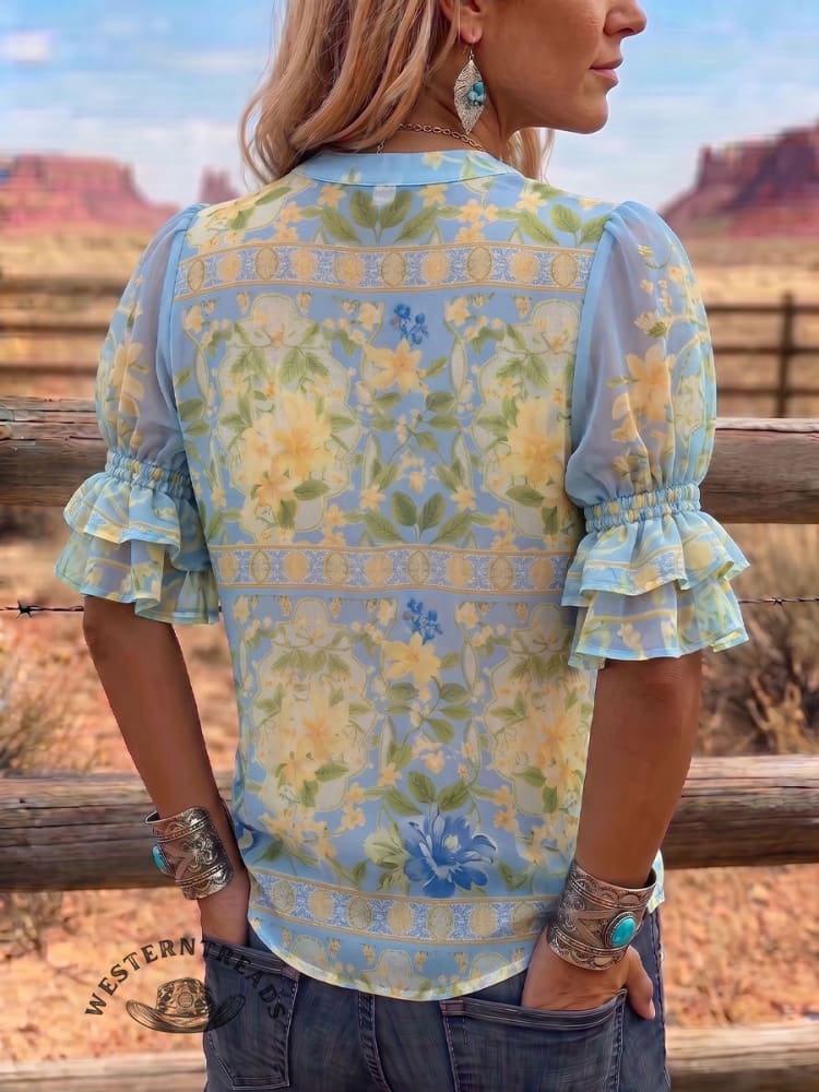 Vintage Art Print Comfortable Summer Fabrics Puff Sleeve Casual Shirt