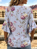 Women's Vintage Flower Ruffle Neck Cotton Top