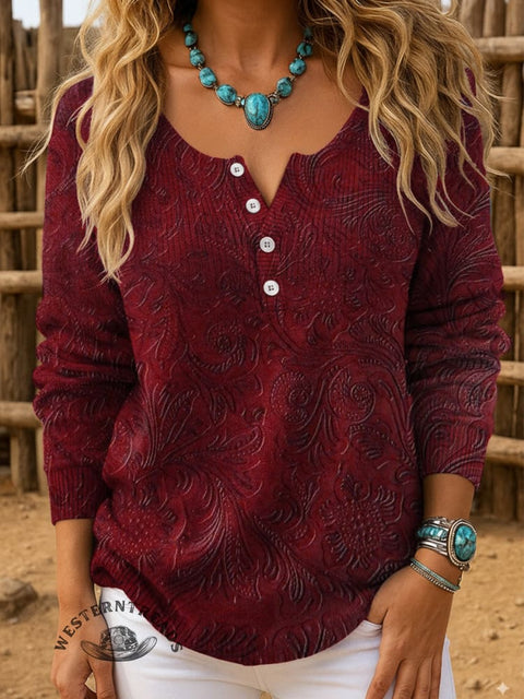 Floral Art Print Buttoned Cardigan Sweater