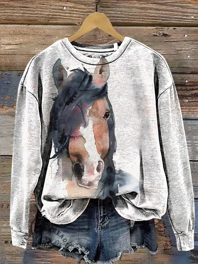 Retro Watercolor Horse Art Print Casual Cotton Sweatshirt