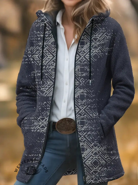 Retro washed Aztec visuals Unisex Plush Thick Long-Sleeved Cardigan Coat